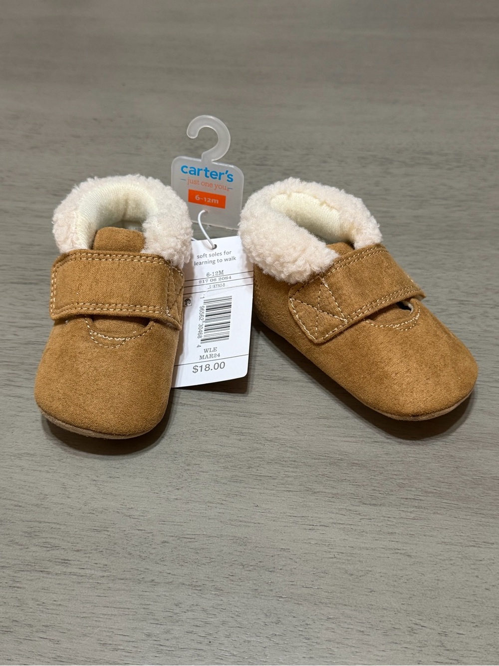Carter's Tan Faux-Suede Baby Walker Shoes with Cream Faux-Shearling Trim